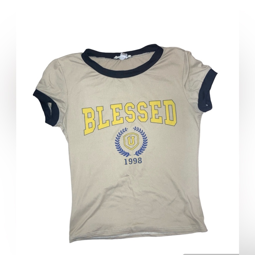 Miroh Juniors Size Small BLESSED Beige & Yellow Short Sleeve Tshirt